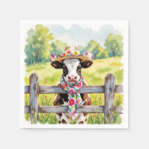 Watercolor Cow Wearing a Summer Hat Napkins