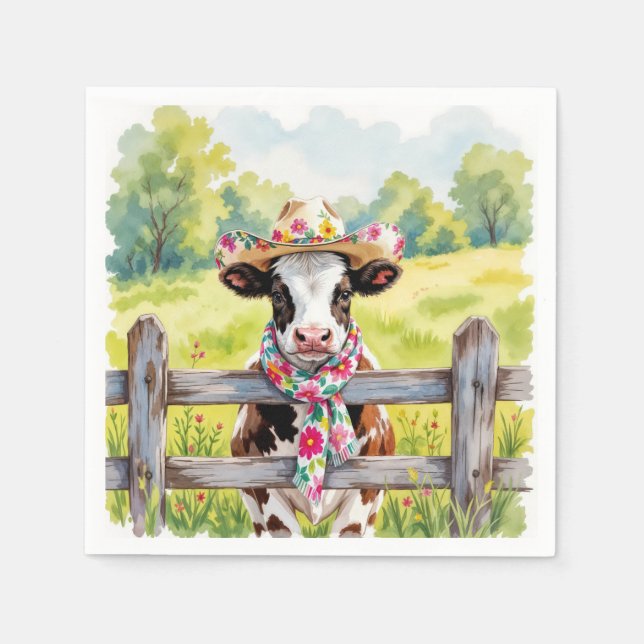 Watercolor Cow Wearing a Summer Hat Napkins (Front)