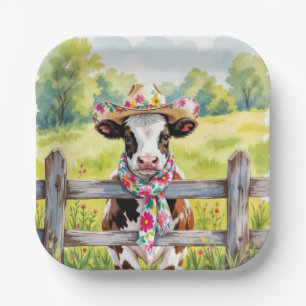 Watercolor Cow Wearing a Summer Hat Paper Plates