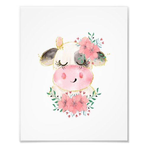 Watercolor Cow with Flowers Photo Print