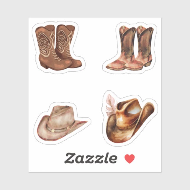 Watercolor cowboy hats and boots Brown Scrapbook Sticker (Sheet)