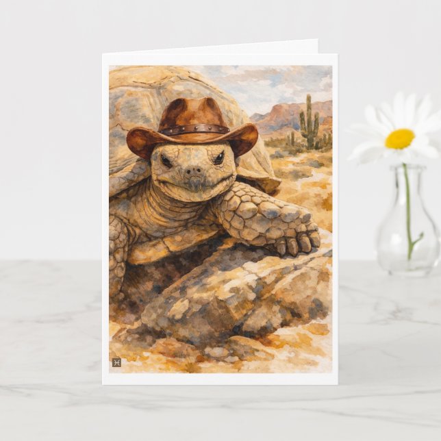 Watercolor Cowboy Turtle in the desert Card (Small Plant)