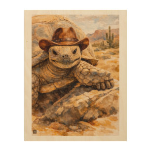 Watercolor Cowboy Turtle in the desert Wood Wall Art