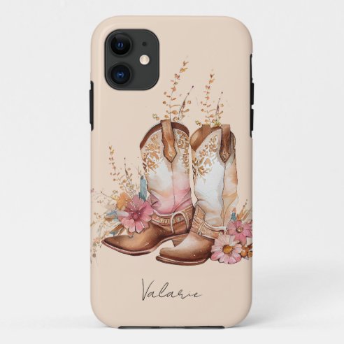 Personalized Watercolor Cowgirl Boots Floral Monogram Case-Mate iPhone/Galaxy Phone Cover