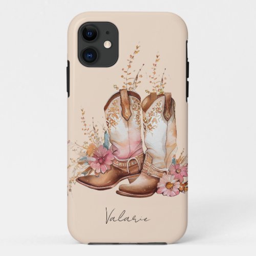 Watercolor Cowgirl Boots Floral Monogram iPhone 11 Case