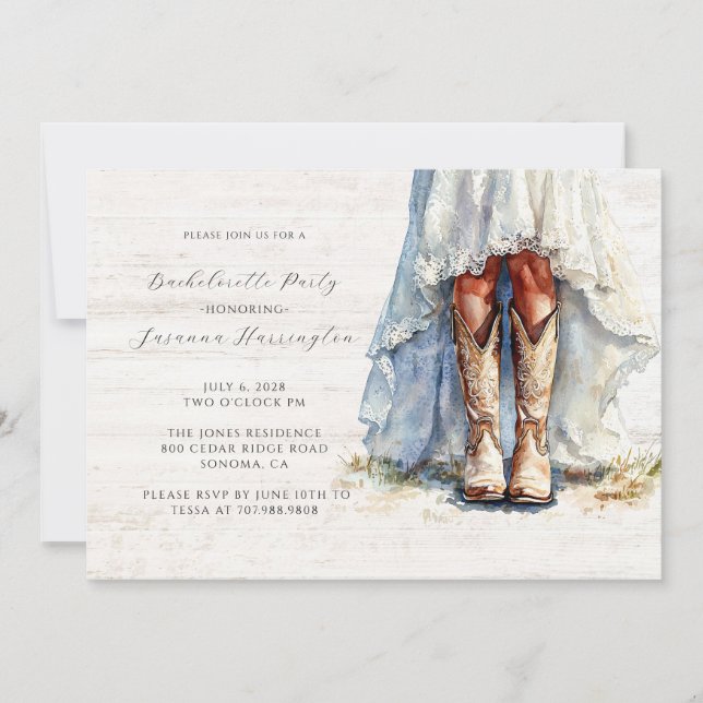Watercolor Cowgirl Bride Boots Bachelorette Party Invitation (Front)