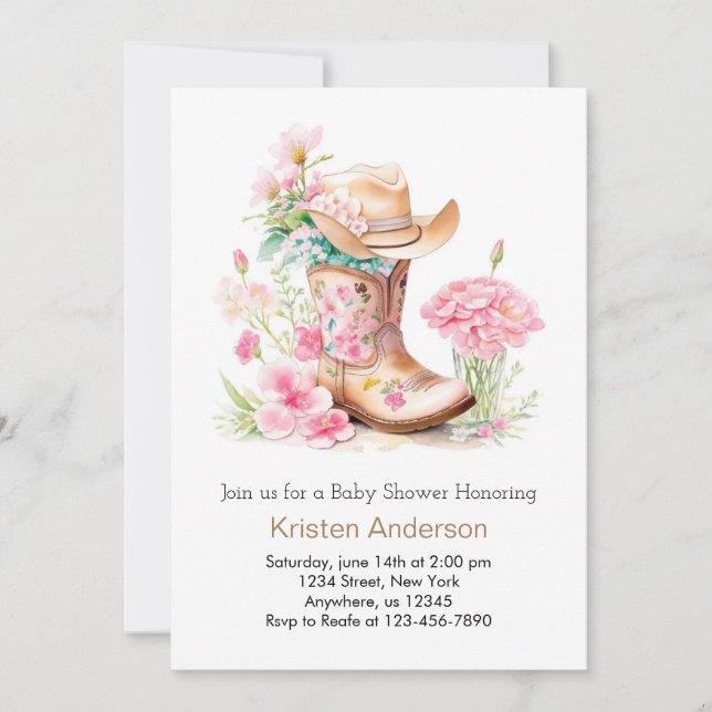 Watercolor Cowgirl Hat and Boot Dreamy Baby Shower Invitation (Front)