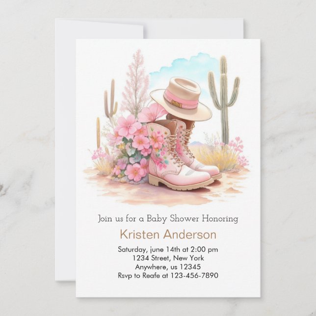 Watercolor Cowgirl Hat and Boots Baby Shower Invitation (Front)