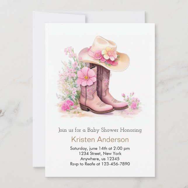 Watercolor Cowgirl Hat and Boots Baby Shower Invitation (Front)