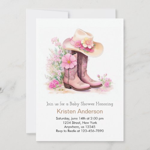 Watercolor Cowgirl Hat and Boots Baby Shower Invitation