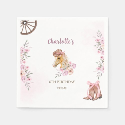Watercolor Cowgirl Horse Floral Western Birthday Napkins