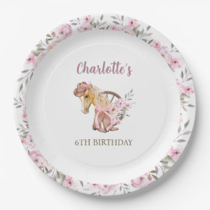Watercolor Cowgirl Horse Floral Western Birthday Paper Plates