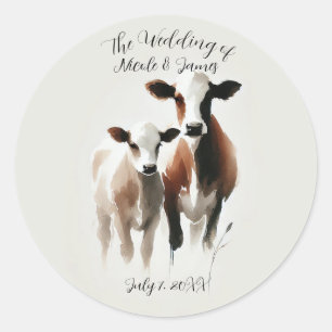 Watercolor Cows Minimal Rustic Wedding Classic Round Sticker