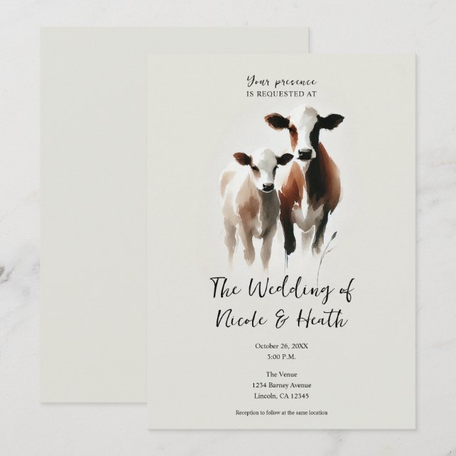 Watercolor Cows Minimal Rustic Wedding Invitation (Front/Back)