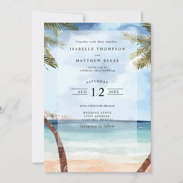 Watercolor Cozumel Tropical Beach Wedding Invitation (Front)