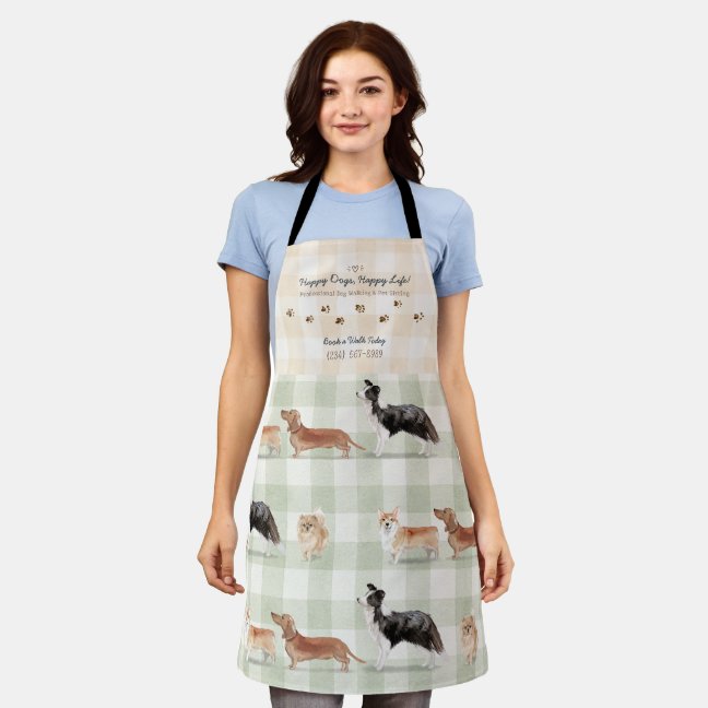 Watercolor Cozy Dog Walker Pet Sitting Gingham Apron