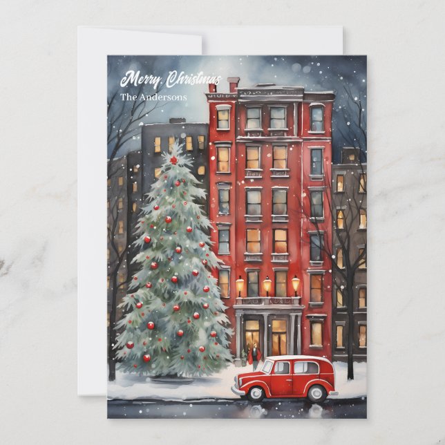 Watercolor cozy festive Christmas city tree Holiday Card (Front)