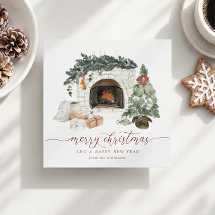 Watercolor Cozy Fireplace Non Photo Christmas Card