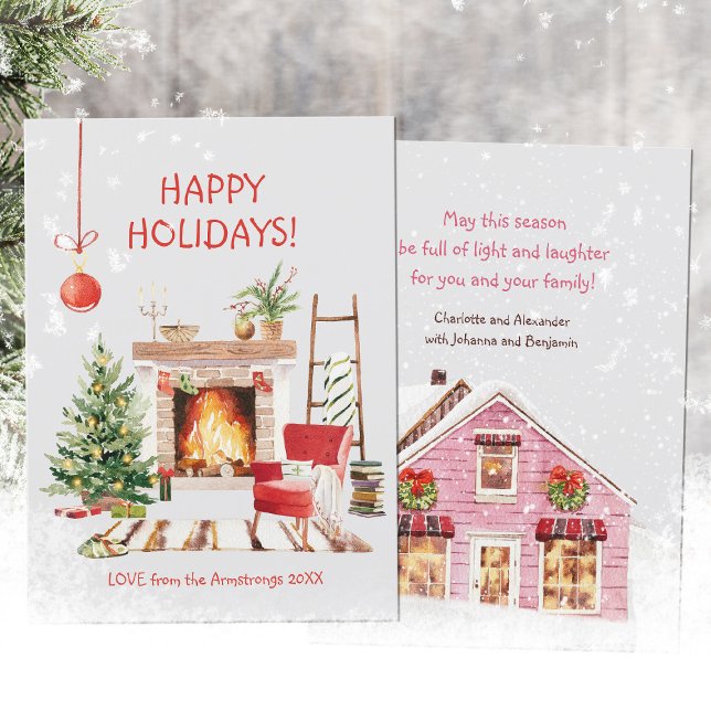 Watercolor Cozy Fireplace Scene Christmas Holiday Card (Watercolor Cozy Winter Cabin Christmas Holiday Card ©Susanne Sachers - Sunny Mind Design 🌞)