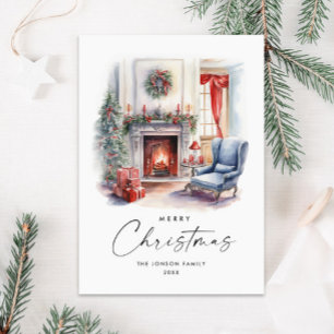 Watercolor Cozy Home Christmas Tree Holiday Card