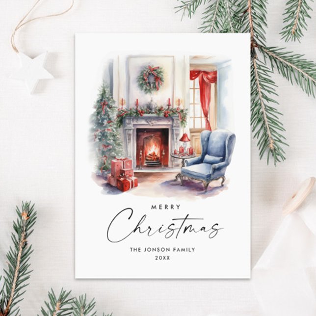 Watercolor Cozy Home Christmas Tree Holiday Card (Creator Uploaded)