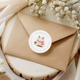 Watercolor Cozy Pink Cat Christmas Return Address Classic Round Sticker