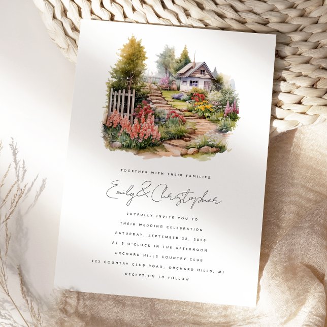 Watercolor Cozy Spring Garden Landscape Wedding Invitation (Creator Uploaded)