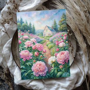 Watercolor cozy white house pink peonies garden tissue paper