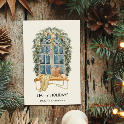 Watercolor Cozy Window Christmas Flat  Holiday Card