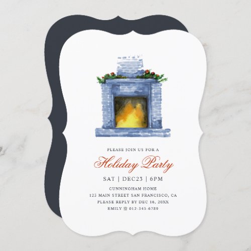 Watercolor Cozy Winter Fireplace Holiday Party Invitation