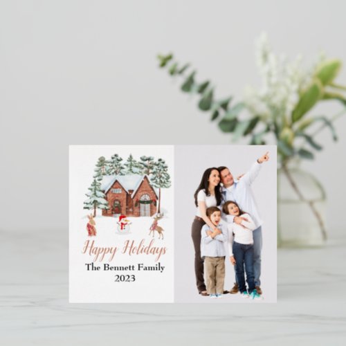 Watercolor cozy winter house foil holiday postcard
