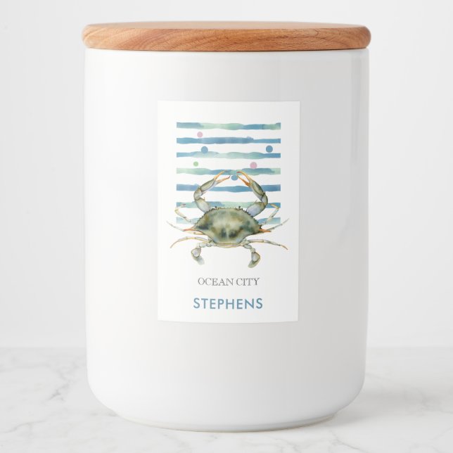 Watercolor Crab Beach House Ocean City Food Label (Front)