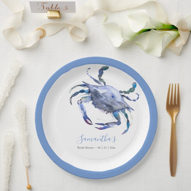Watercolor Crab Dusty Blue Beach Bridal Shower  Paper Plates (Wedding)