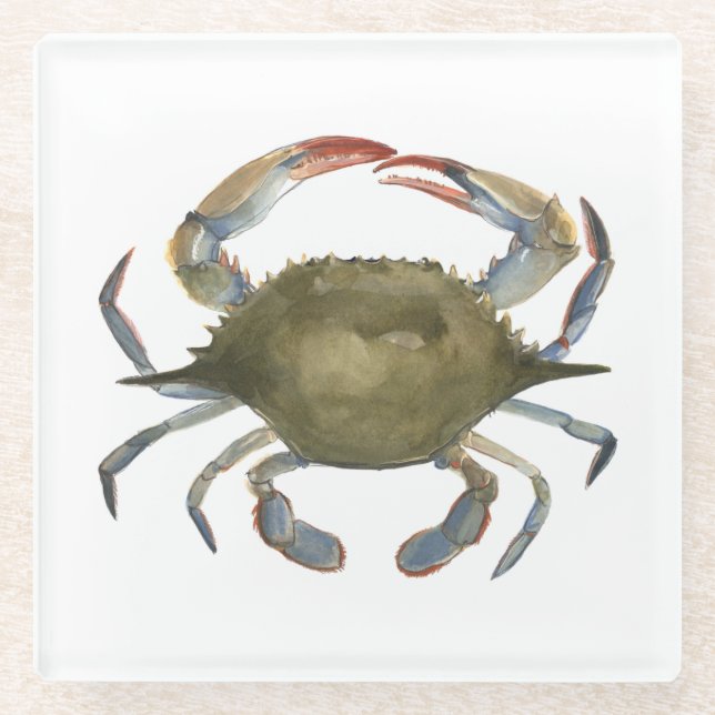 Watercolor Crab - Gray Glass Coaster (Front)