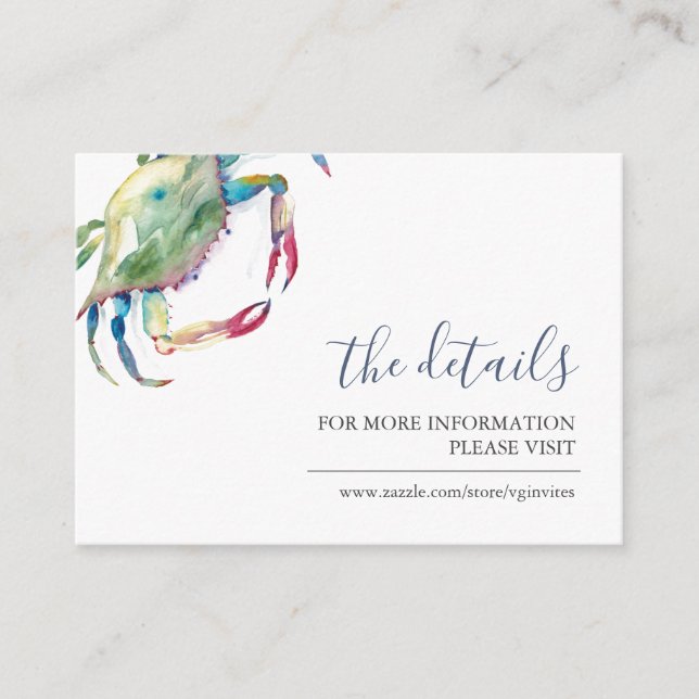 Watercolor Crab Guest Details Card Beach Wedding (Front)