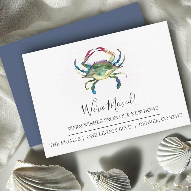 Watercolor Crab New Home Moving Announcement (Watercolor crab moving announcement cards by Florida Watercolor Artist Victoria Grigaliunas)