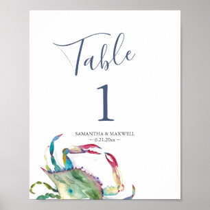 Watercolor Crab Table Number Poster Beach Wedding
