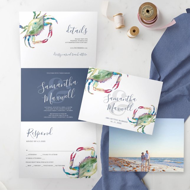 Watercolor Crab Trifold Beach Wedding Invitation (All in one beach wedding invitation features watercolor blue crab art by Victoria Grigaliunas)