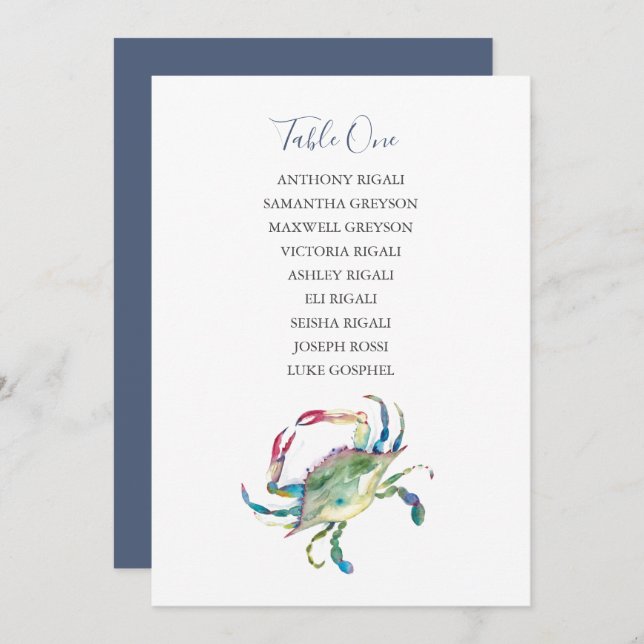 Watercolor Crab Wedding Seating Chart Card (Front/Back)