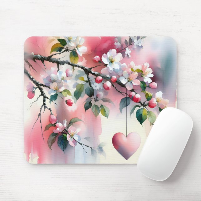 Watercolor Crabapple Tree Heart  Mouse Pad (With Mouse)