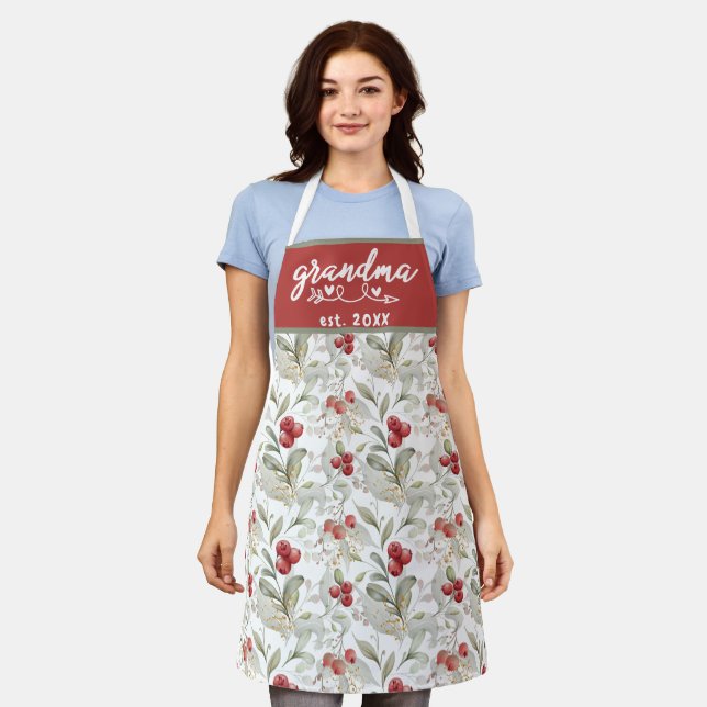 Watercolor Cranberry Branches Berries Grandma Est  Apron (Worn)
