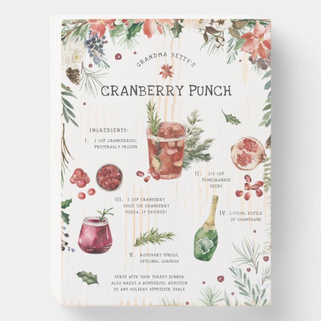 Watercolor Cranberry Punch Recipe | Holiday Wooden Box Sign (Front Vertical)