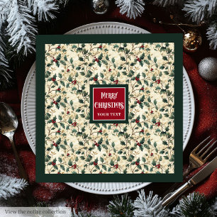 Watercolor cranberry red holly berry deep green paper dinner napkins