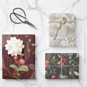 Watercolor Cranberry Winter Floral Wrapping Paper Sheets