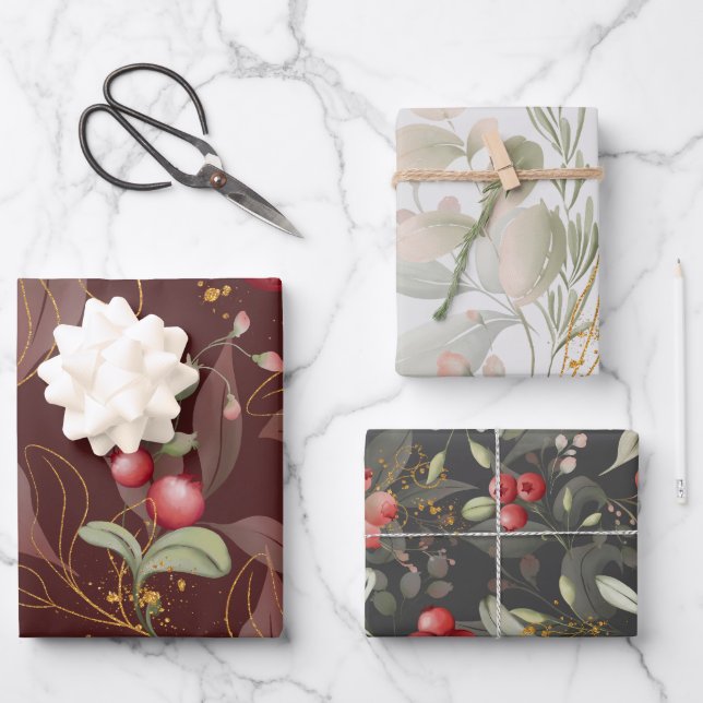 Watercolor Cranberry Winter Floral Wrapping Paper Sheets (Front)