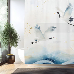 Watercolor Crane Japanese Style Shower Curtain