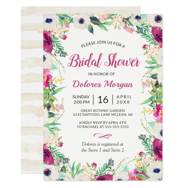 Watercolor Cream And Purple Flowers Bridal Shower Invitation