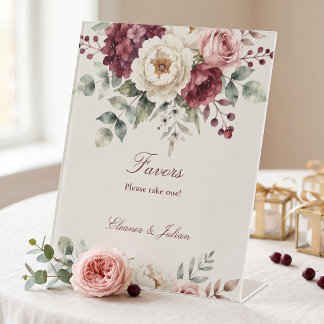 Watercolor Cream Burgundy Floral Autumn Wedding Pedestal Sign
