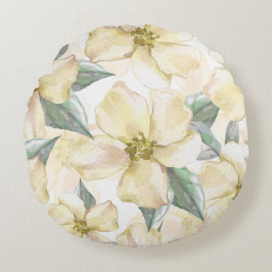 Watercolor Cream Flower - Neutral Floral Round Pillow