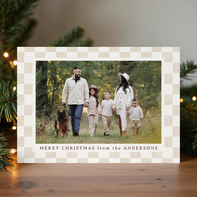 Watercolor Cream Gingham Christmas Photo Holiday Card (Creator Uploaded)